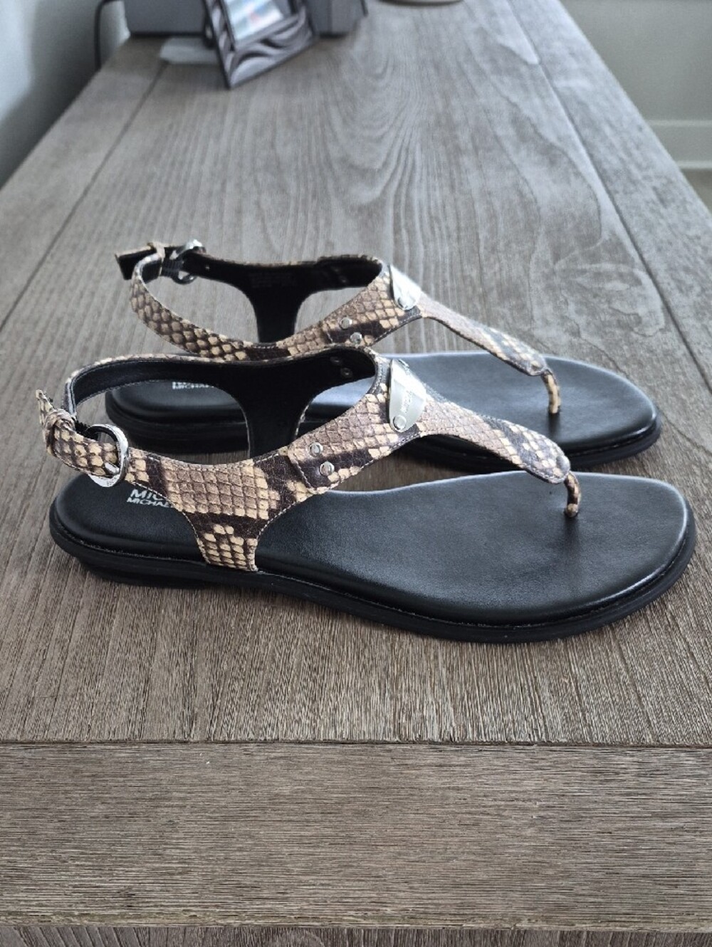 Michael Kors Snake-Print T-Strap Sandals in Black and Brown - Picture 3 of 8